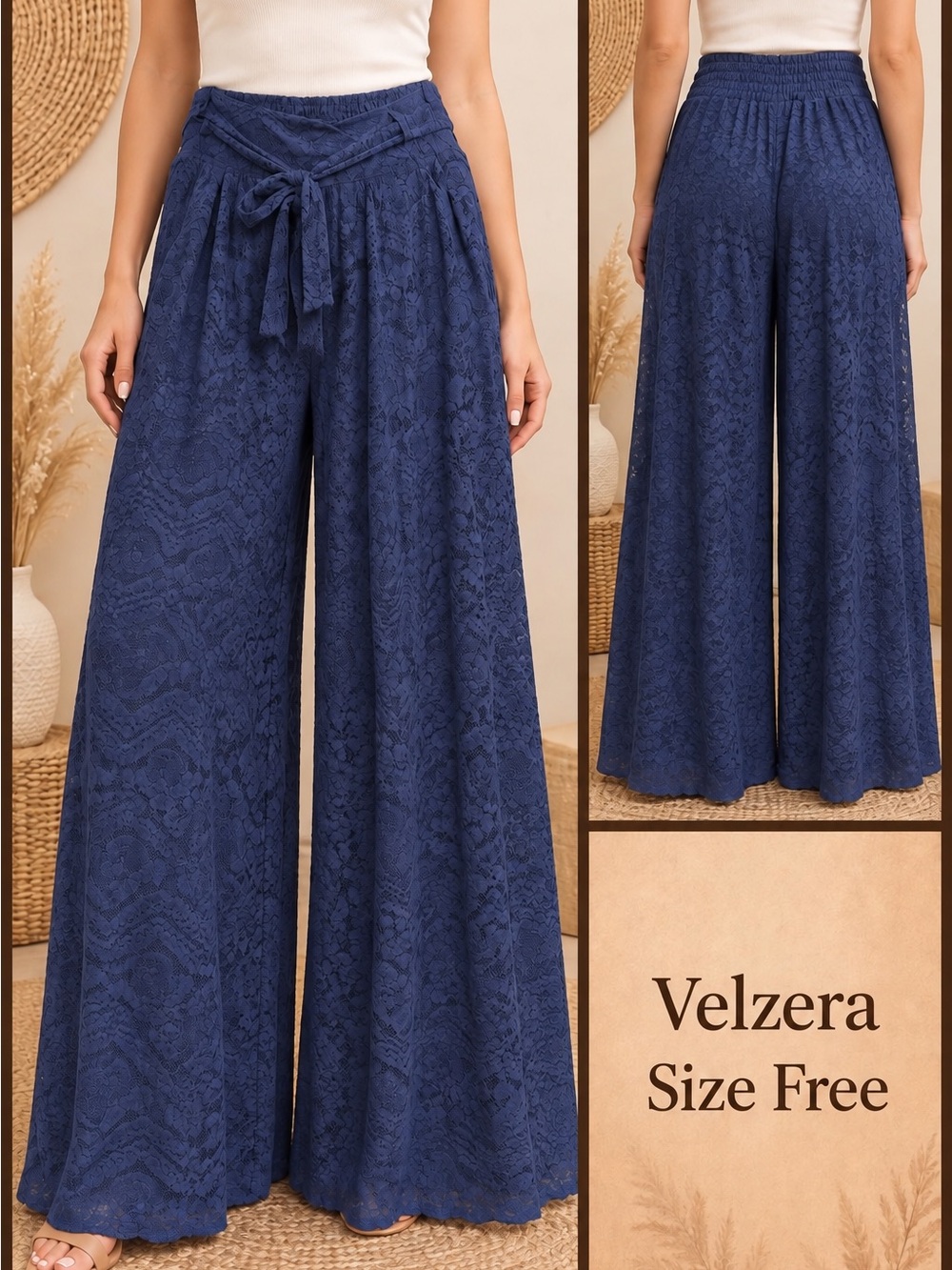 Velzera Navy Lace Wide-Leg Palazzo Pants with Tie Waist